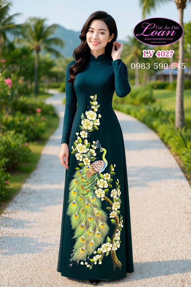 Vải áo dài vẽ chim Công cao cấp