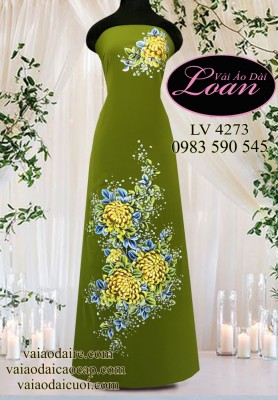 Vải áo dài vẽ hoa cúc đại đóa-V3D 11516