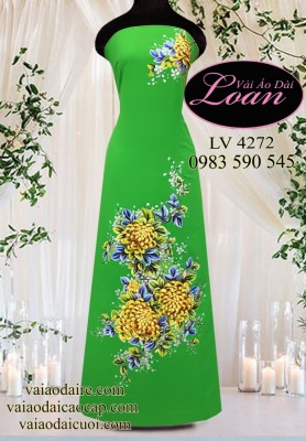 Vải áo dài vẽ hoa cúc đại đóa-V3D 11517