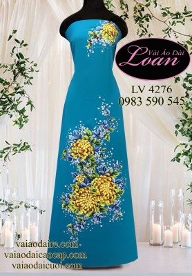 Vải áo dài vẽ hoa cúc đại đóa-V3D 11518