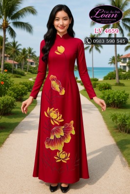 Vải áo dài vẽ hoa sen cao cấp-V3D 12236