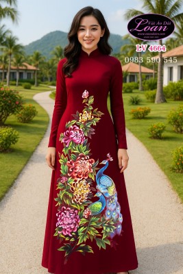 Vải áo dài vẽ chim công cao cấp-V3D 12243