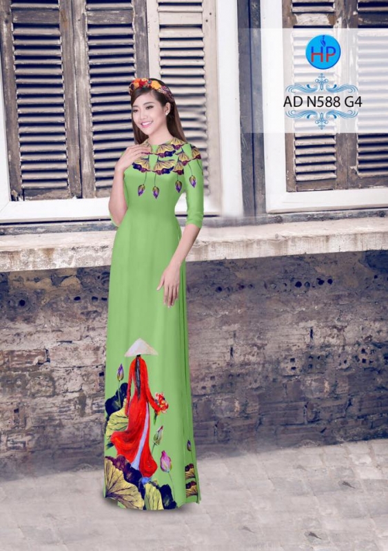 Vải áo dài hình thiếu nữ ao sen