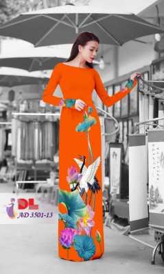 Vải áo dài chim cò và hoa sen-DT 3432