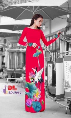 Vải áo dài chim cò và hoa sen-DT 3432