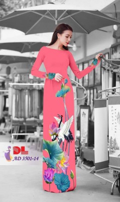 Vải áo dài chim cò và hoa sen-DT 3432