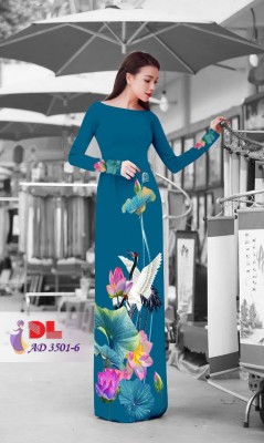Vải áo dài chim cò và hoa sen-DT 3432