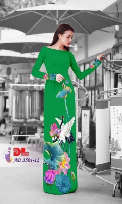 Vải áo dài chim cò và hoa sen-DT 3432