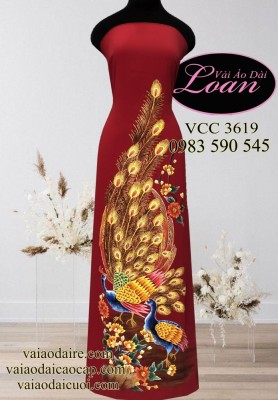 Vải áo dài Thái Tuấn vẽ Chim công-V3D 9737