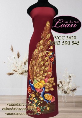 Vải áo dài Thái Tuấn vẽ Chim công-V3D 9738