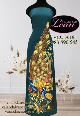 Vải áo dài Thái Tuấn vẽ Chim công-V3D 9739