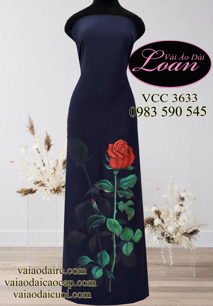 Vải áo dài vẽ hoa Hồng