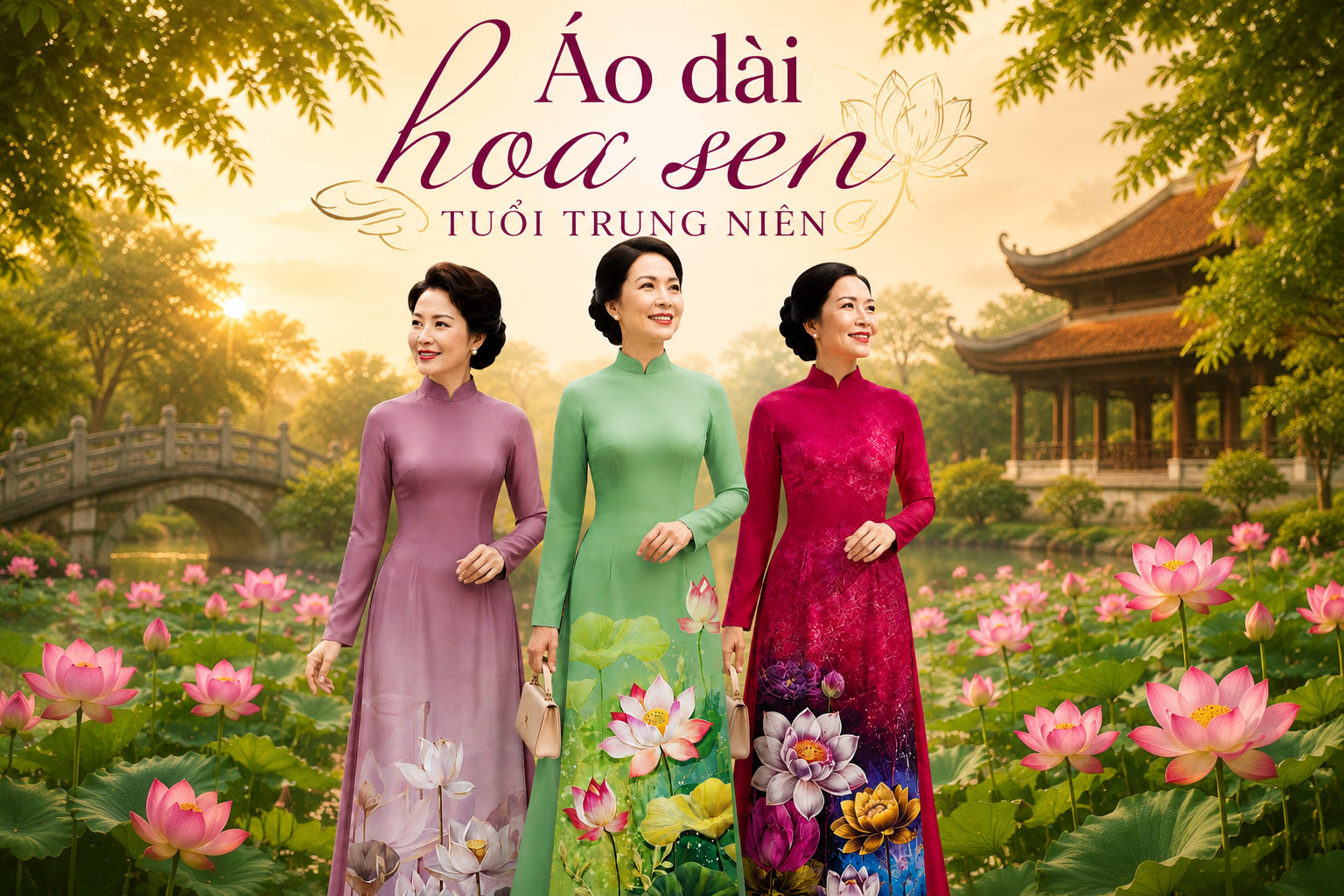 Vải áo dài hoa sen tuổi trung niên