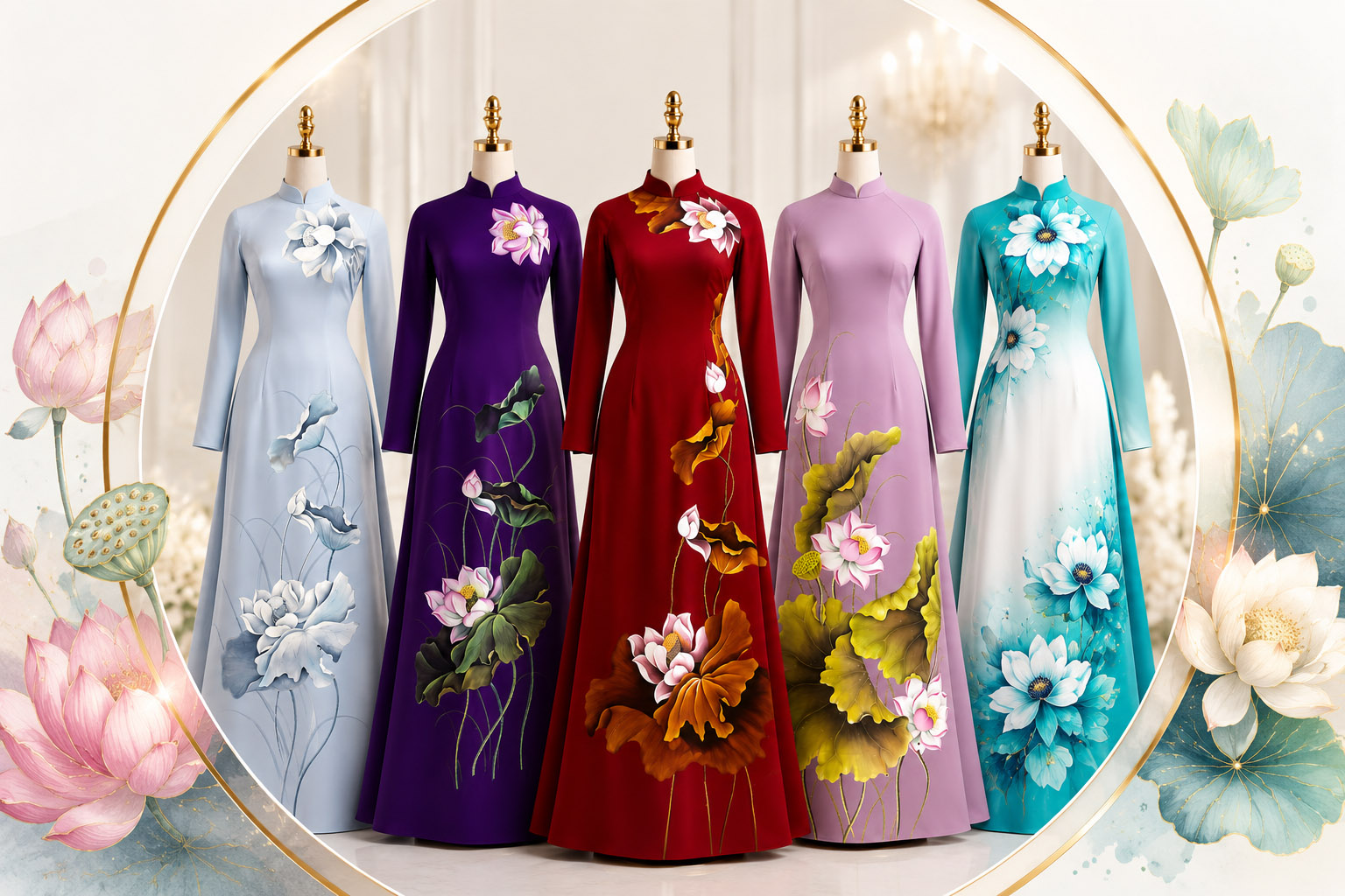 Vải áo dài hoa sen đẹp