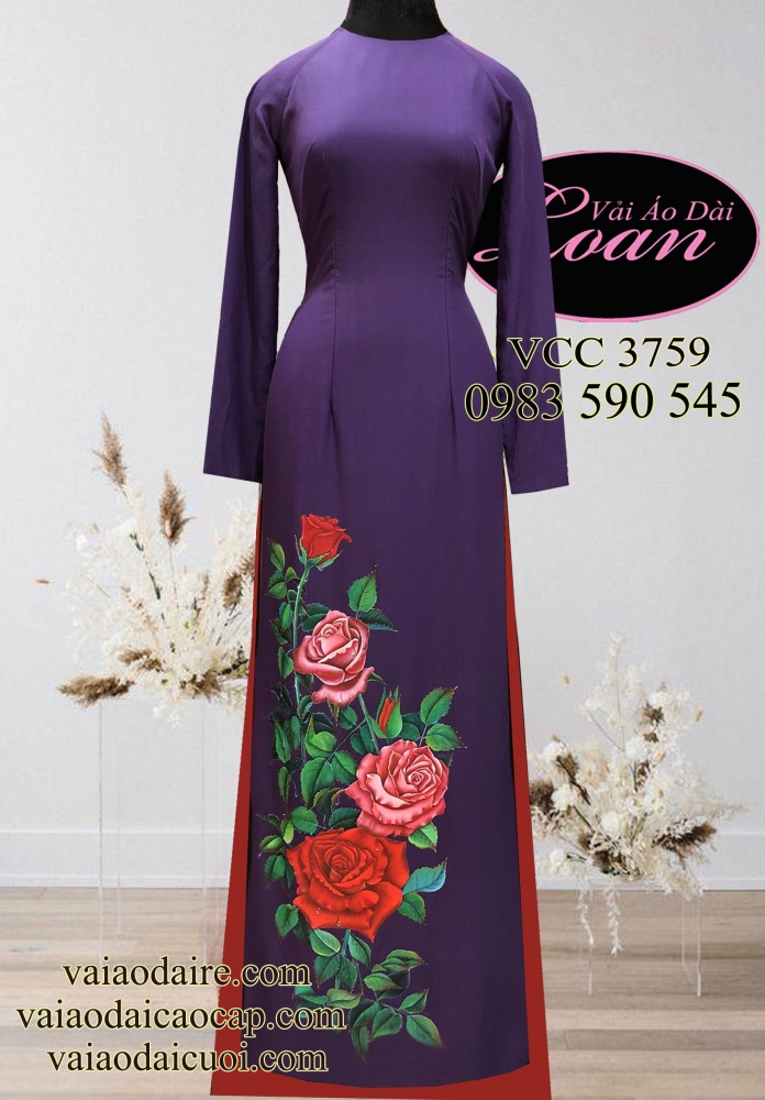 Vải áo dài vẽ hoa Hồng