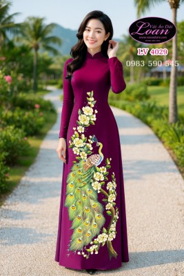 Vải áo dài vẽ chim Công cao cấp-V3D 11136