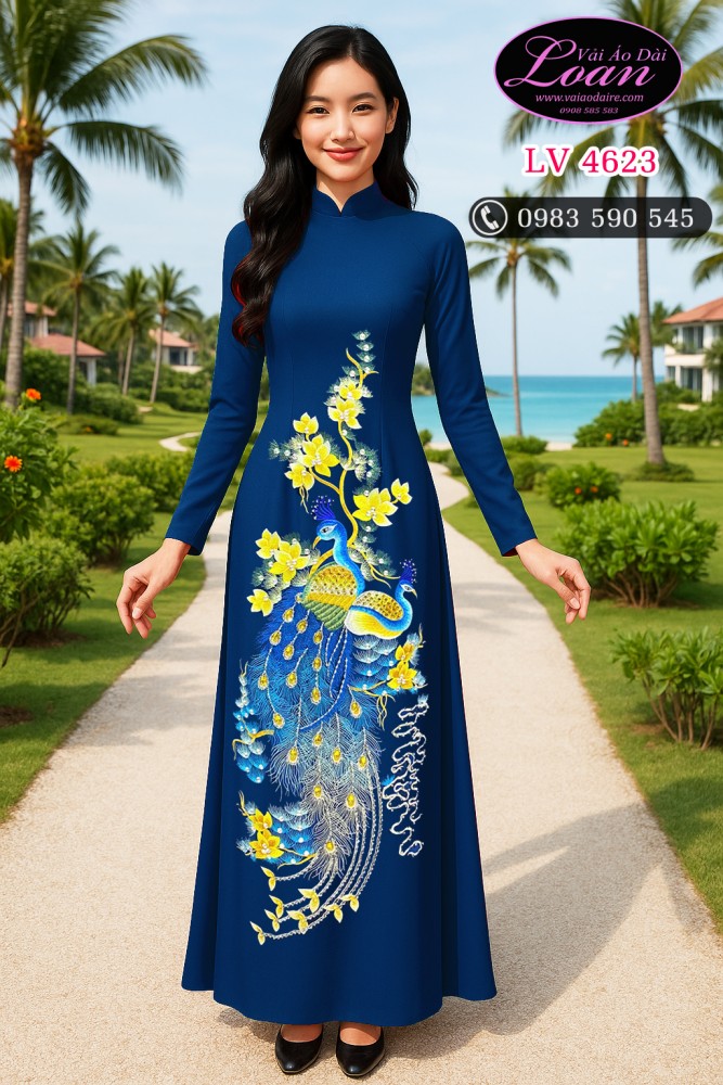 Vải áo dài thêu chim công cao cấp