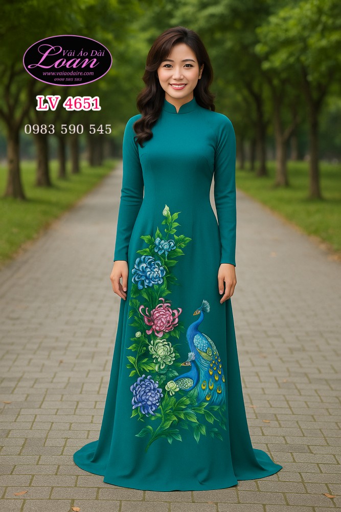 Vải áo dài vẽ chim công cao cấp