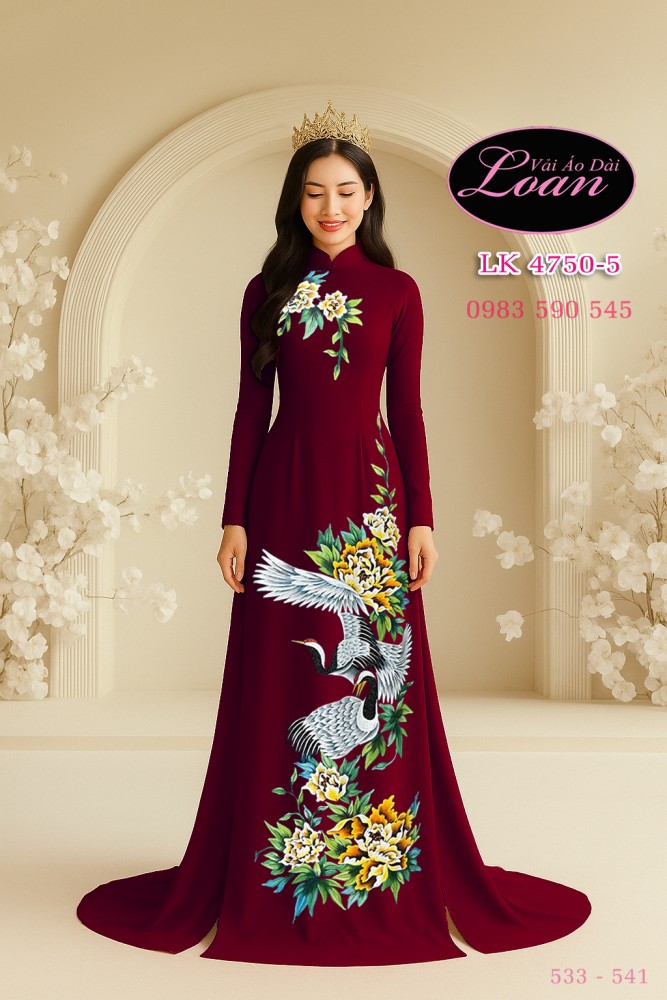 Vải áo dài vẽ chim hạc kim tuyến