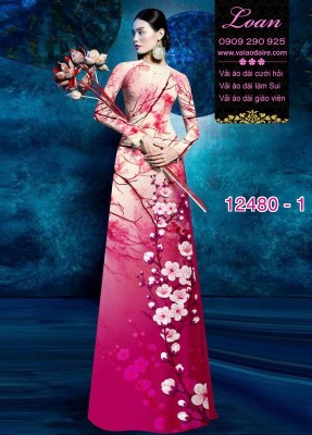Vải áo dài hoa đào in 3D-DT 12480
