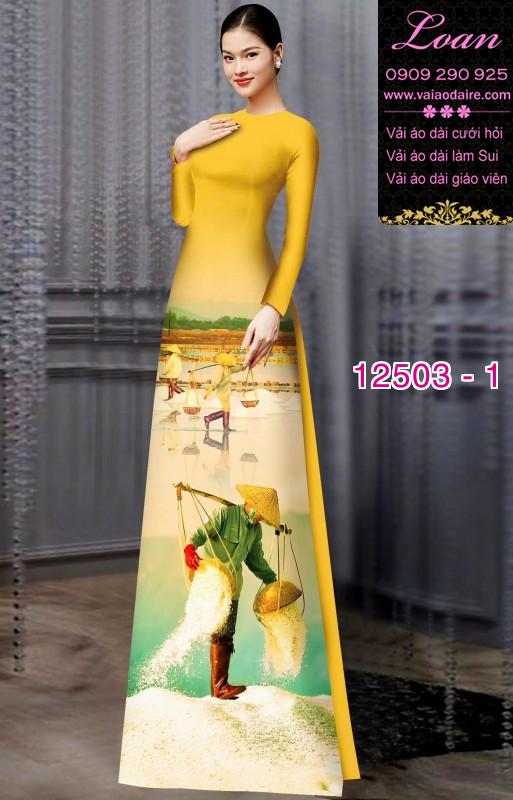 Vải áo dài hình nông dân gánh muối Vải áo dài hình nông dân gánh muối