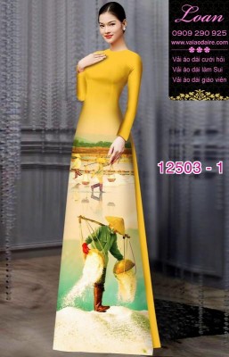 Vải áo dài hình nông dân gánh muối-DT 12503