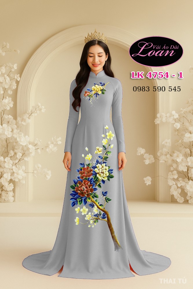 Vải áo dài vẽ hoa mẫu đơn-V3D 12551