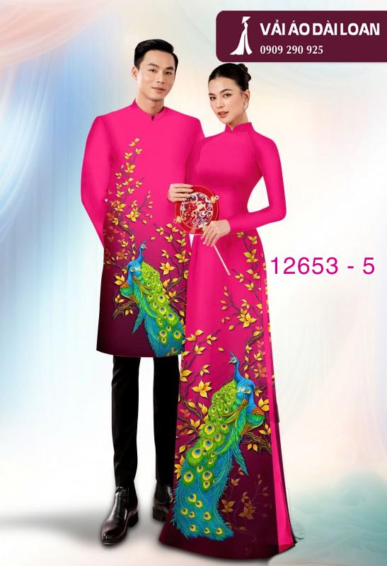 Vải áo dài cặp đôi - họa tiết chim công