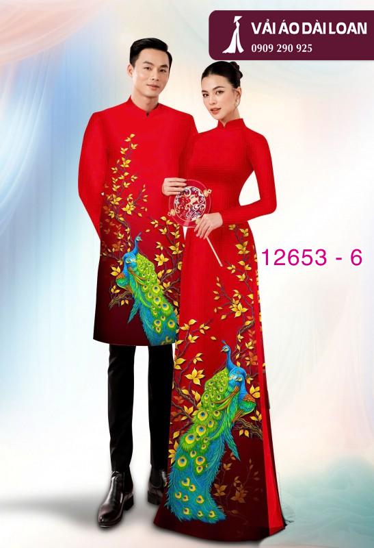 Vải áo dài cặp đôi - họa tiết chim công