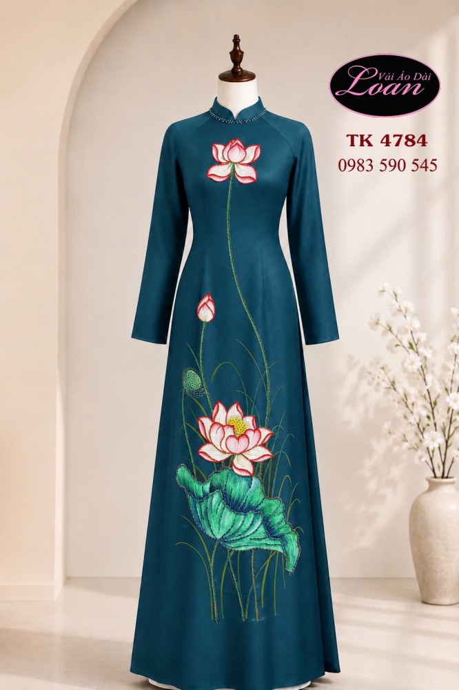 Vải áo dài vẽ - kết hoa sen