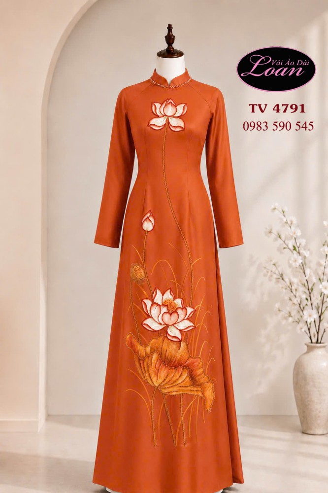 Vải áo dài vẽ - kết hoa sen