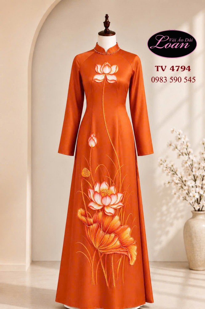 Vải áo dài vẽ - kết hoa sen