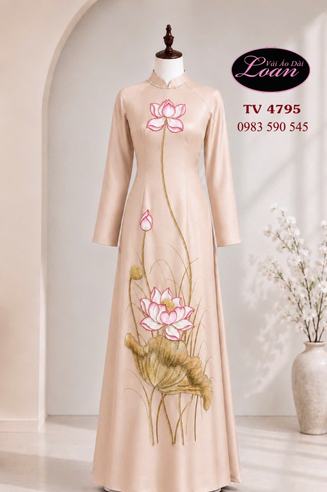 Vải áo dài vẽ - kết hoa sen