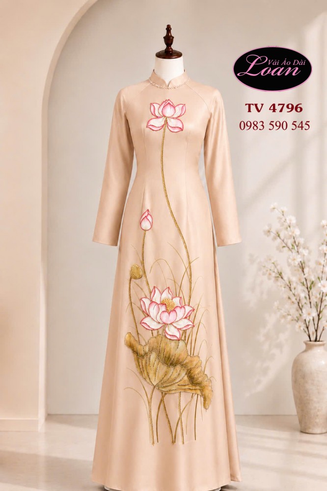 Vải áo dài vẽ - kết hoa sen