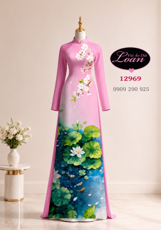 Vải áo dài hoa sen in 3D