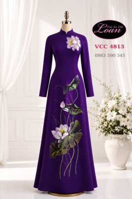 Vải áo dài vẽ hoa sen nghệ thuật-V3D 12996