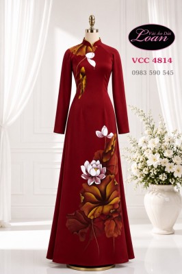 Vải áo dài vẽ hoa sen cao cấp-V3D 12997