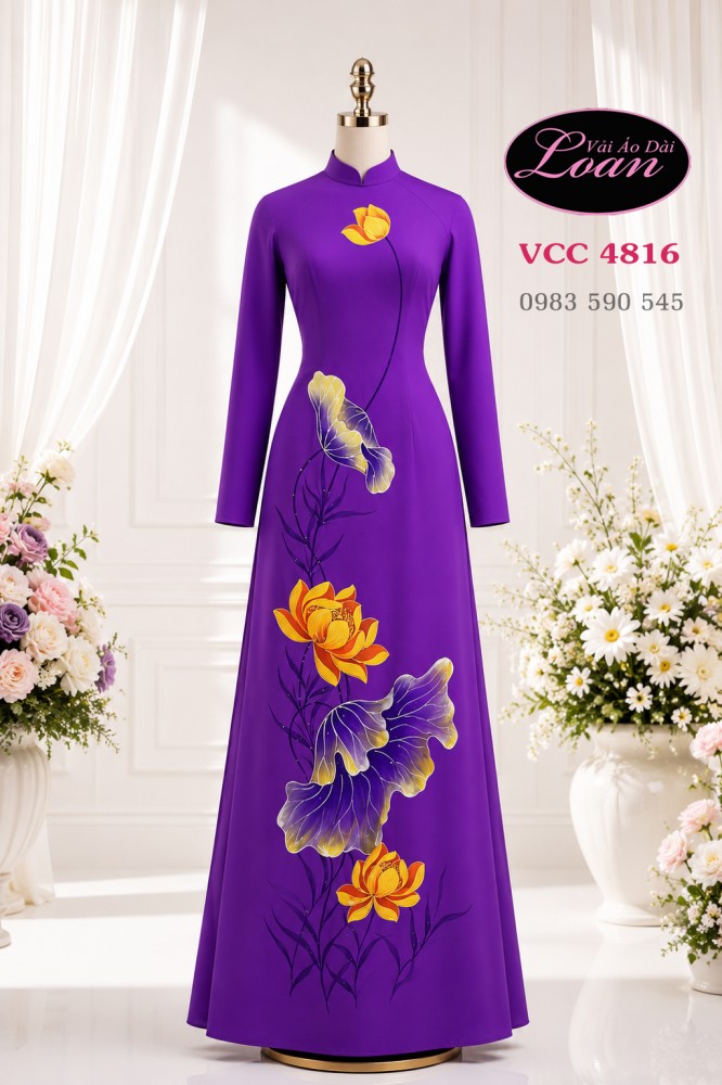 Vải áo dài vẽ hoa sen cao cấp