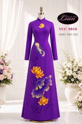 Vải áo dài vẽ hoa sen cao cấp-V3D 12999