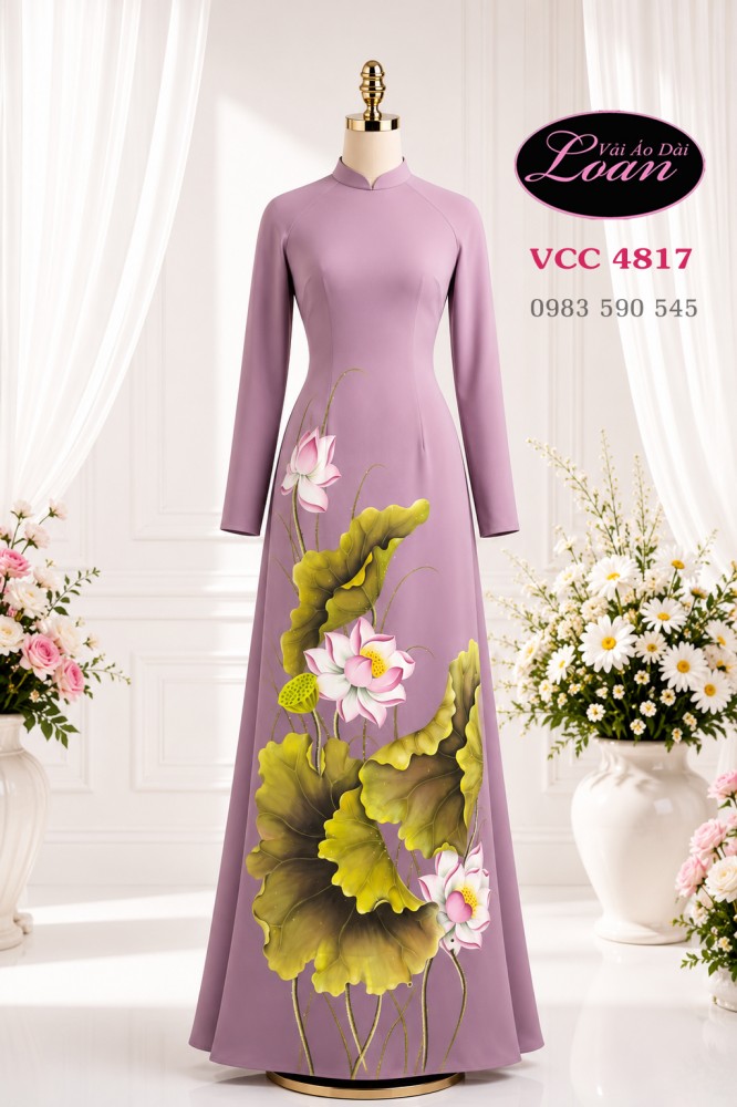 Vải áo dài vẽ hoa sen cao cấp