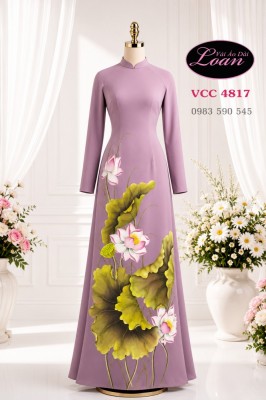 Vải áo dài vẽ hoa sen cao cấp-V3D 13000