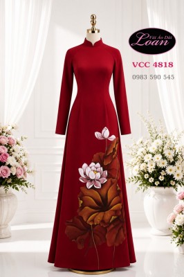 Vải áo dài vẽ hoa sen cao cấp-V3D 13001