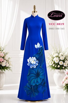Vải áo dài vẽ hoa sen cao cấp-V3D 13002
