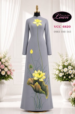 Vải áo dài vẽ hoa sen cao cấp-V3D 13003