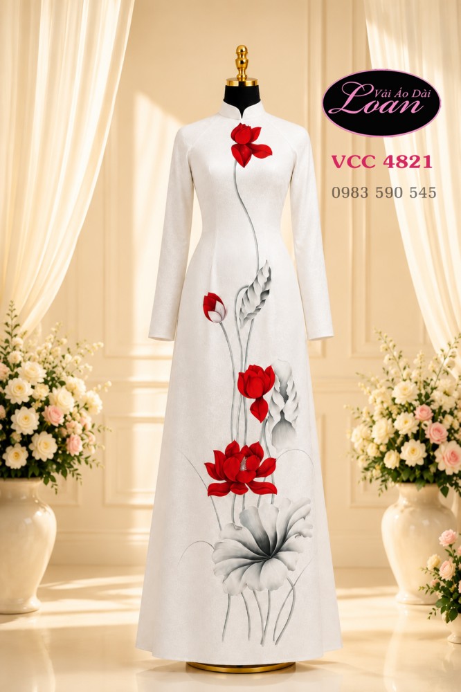 Vải áo dài vẽ hoa sen cao cấp