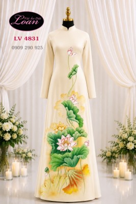 Vải áo dài vẽ hoa sen-V3D 13097