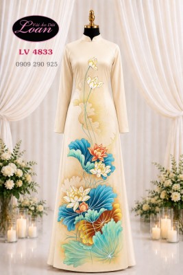 Vải áo dài vẽ hoa sen-V3D 13098