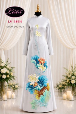 Vải áo dài vẽ hoa sen-V3D 13099