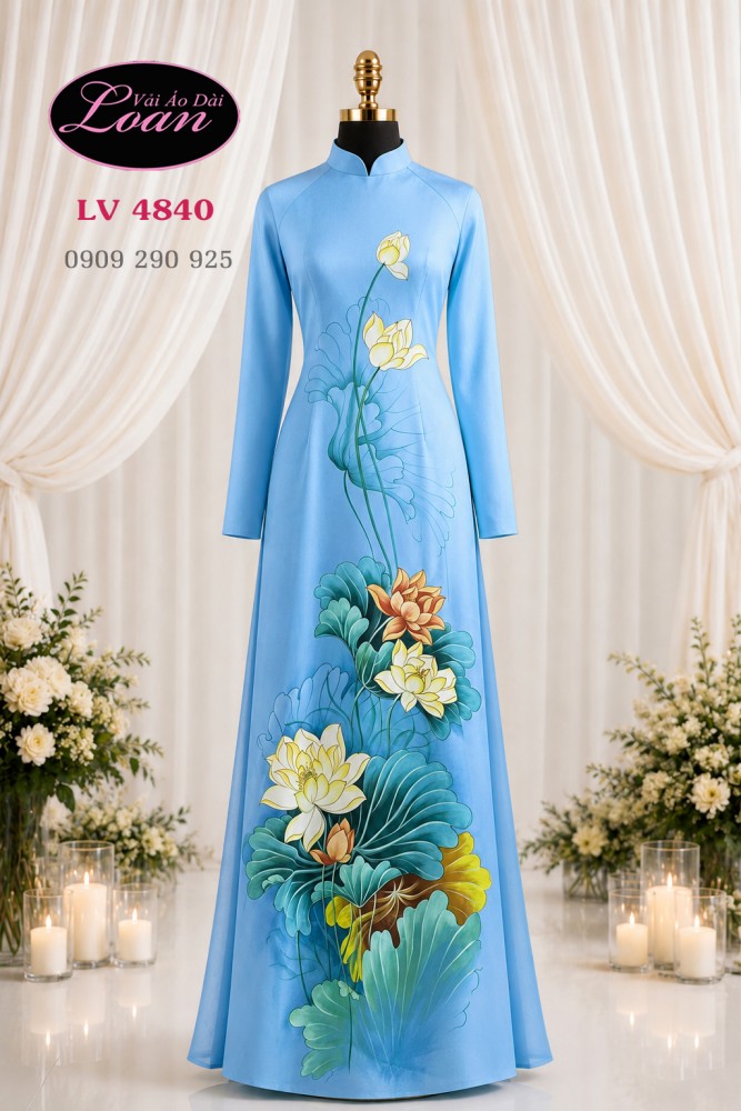 Vải áo dài vẽ hoa sen