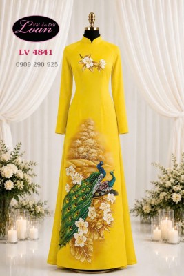 Vải áo dài chim công vẽ - kết cườm-V3D 13107